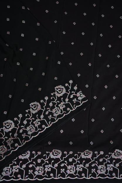 Black Turkey Chiffon Saree with Floral Embroidered Border