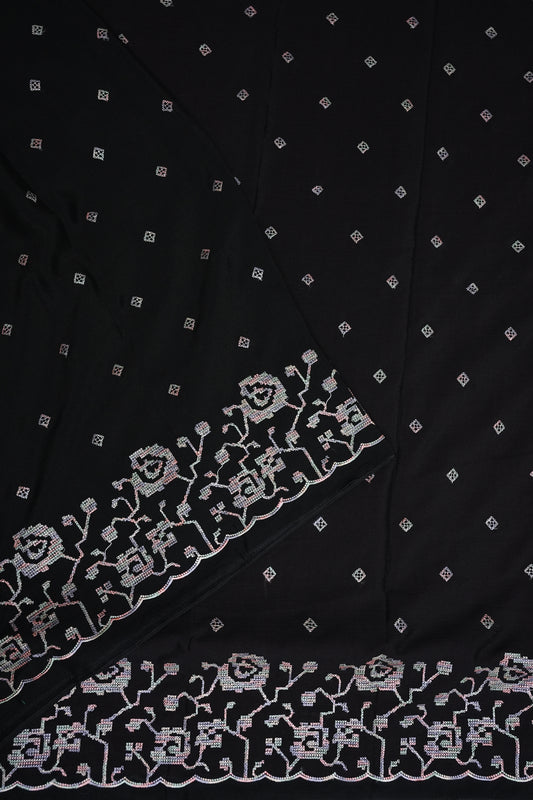 Black Turkey Chiffon Saree with Floral Embroidered Border