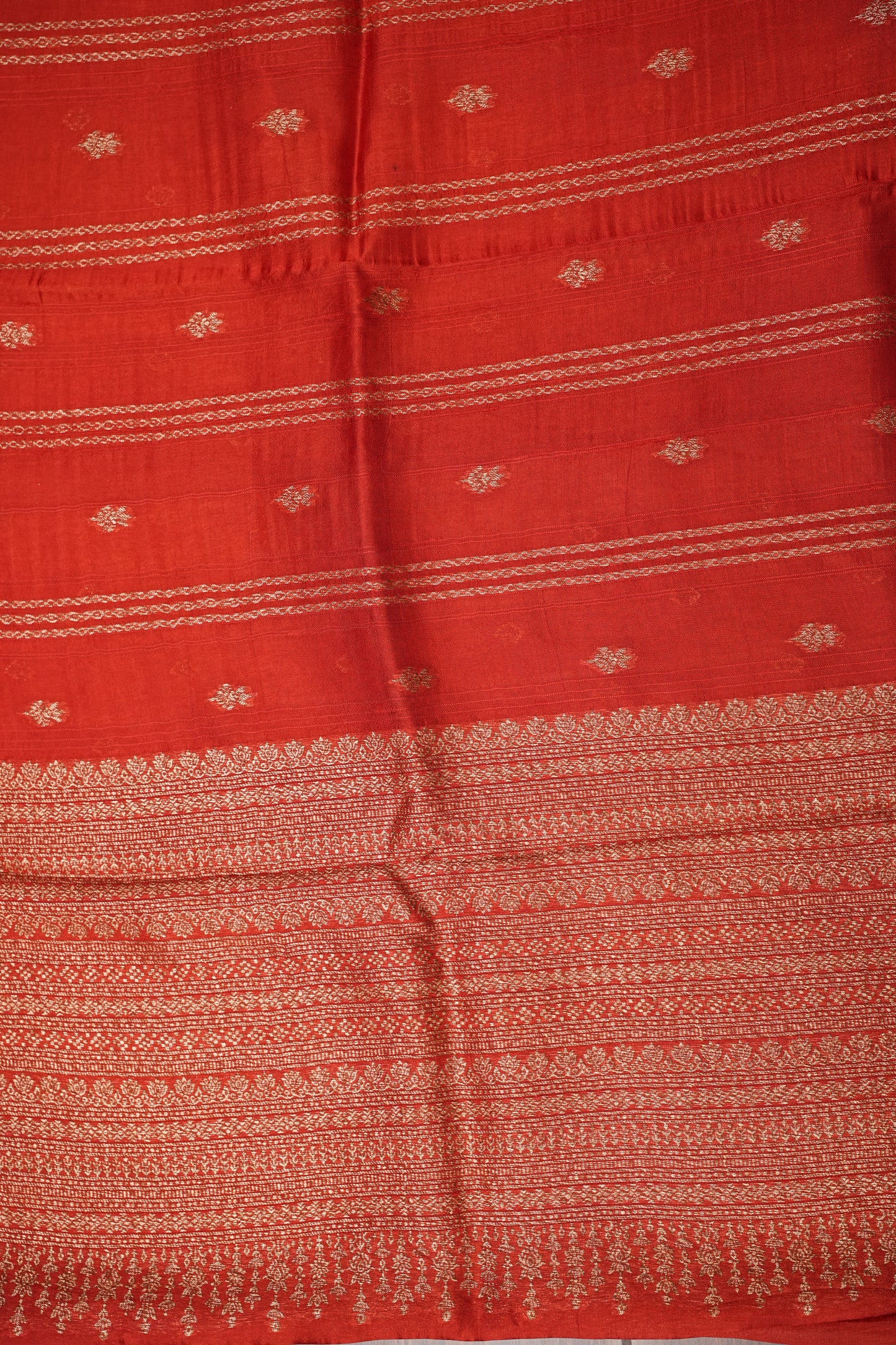 Tussar Banarasi Raw Silk Saree with Handloom Peacock Border – Deep Orange