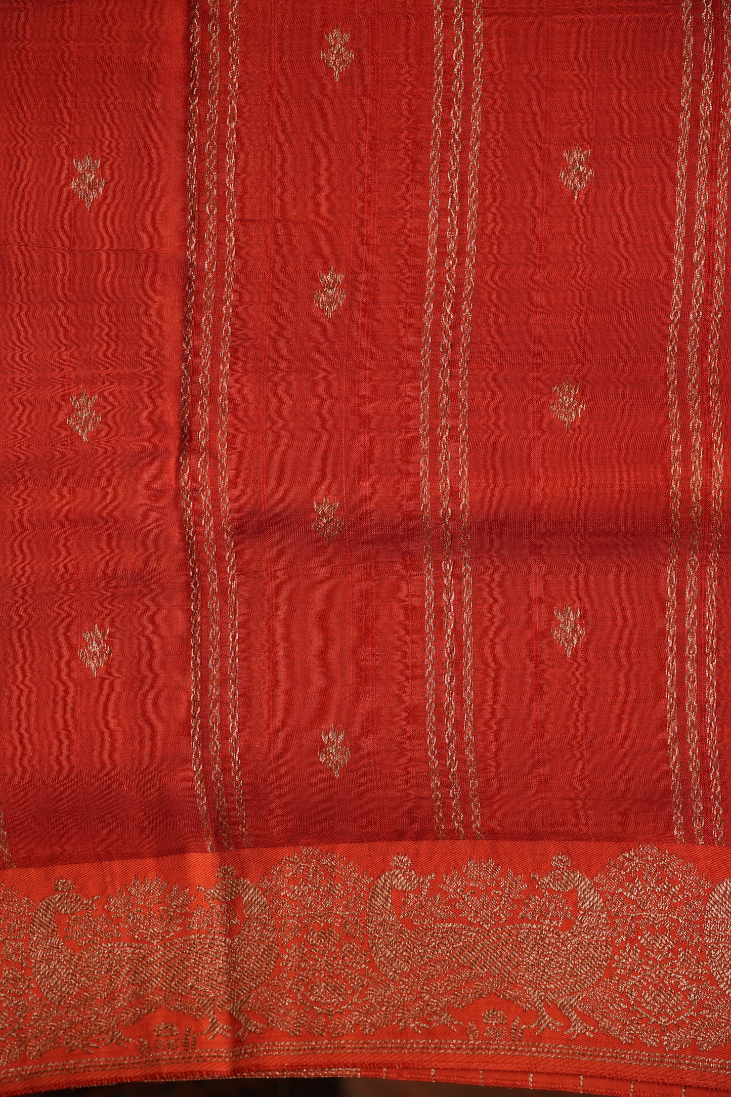 Tussar Banarasi Raw Silk Saree with Handloom Peacock Border – Deep Orange