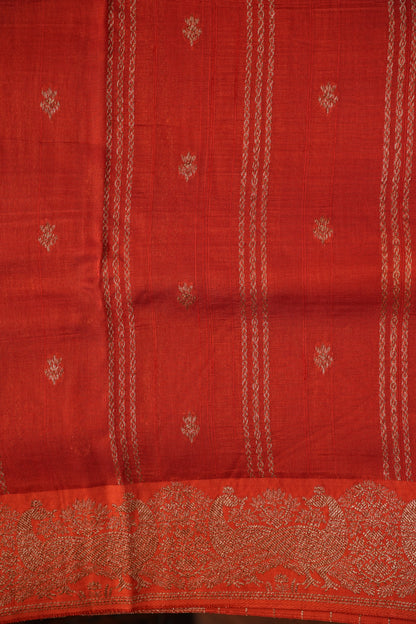 Tussar Banarasi Raw Silk Saree with Handloom Peacock Border – Deep Orange
