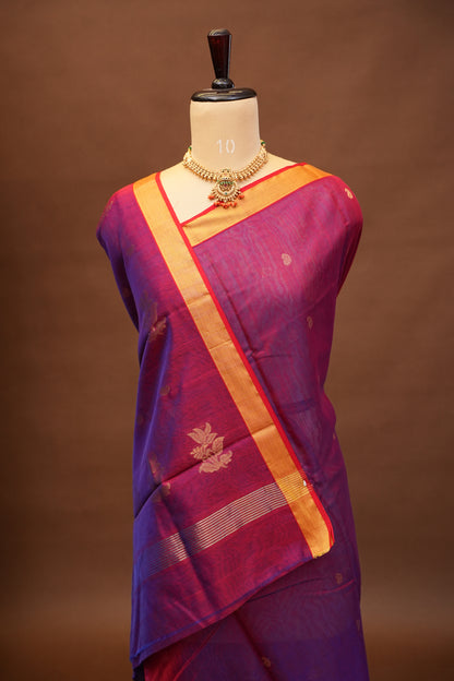 Pure Chanderi Silk Saree with Zari Buttas & Tissue Border - Dark Pink & Purple