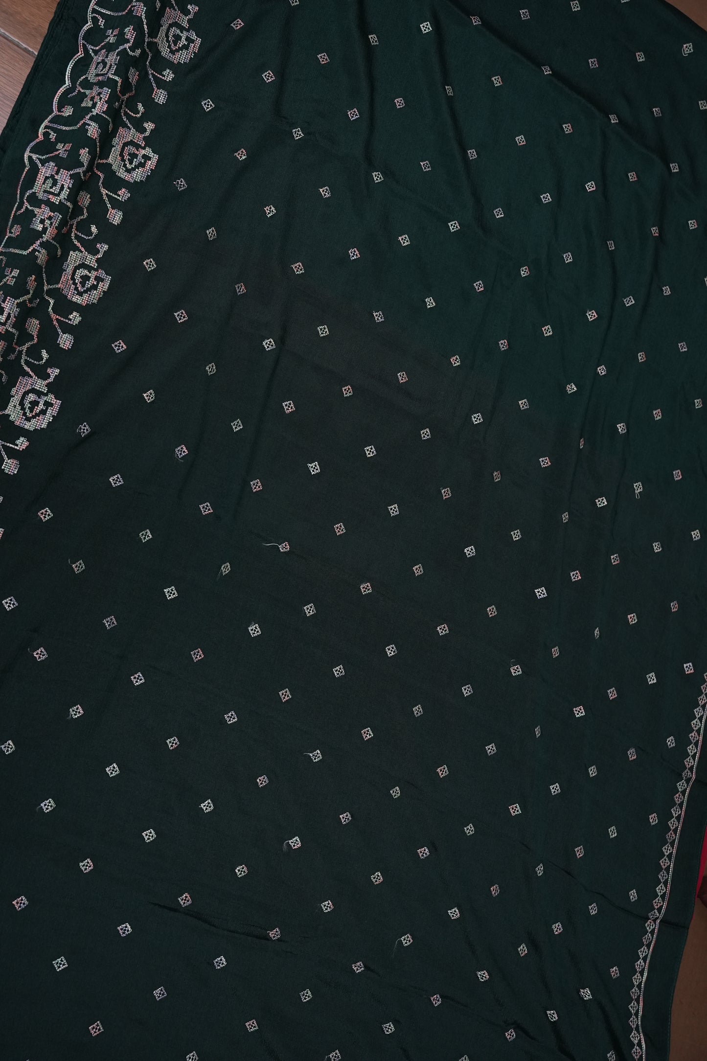 Dark Bottle Green Turkey Chiffon Saree with Woven Floral Border