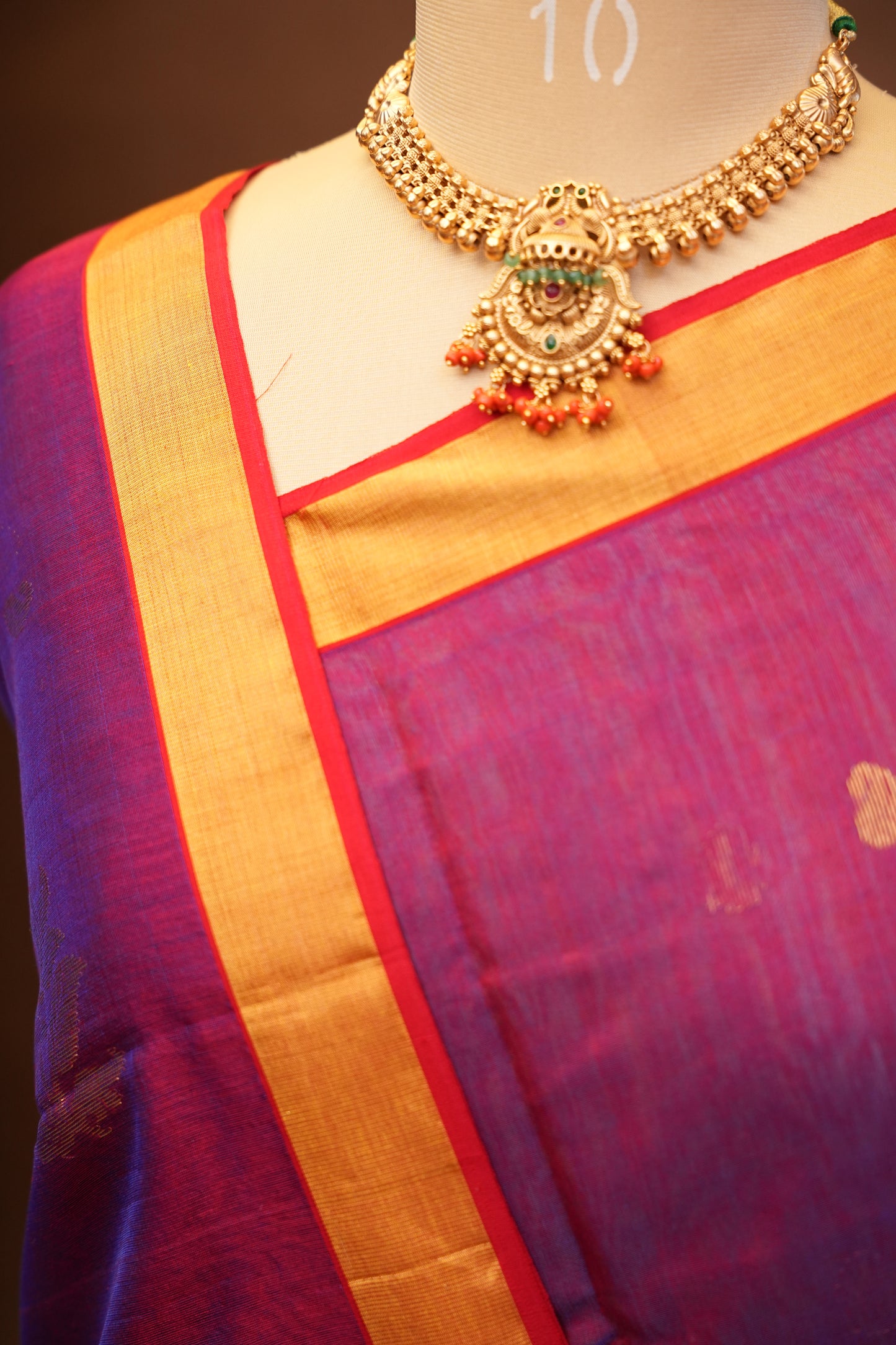Pure Chanderi Silk Saree with Zari Buttas & Tissue Border - Dark Pink & Purple