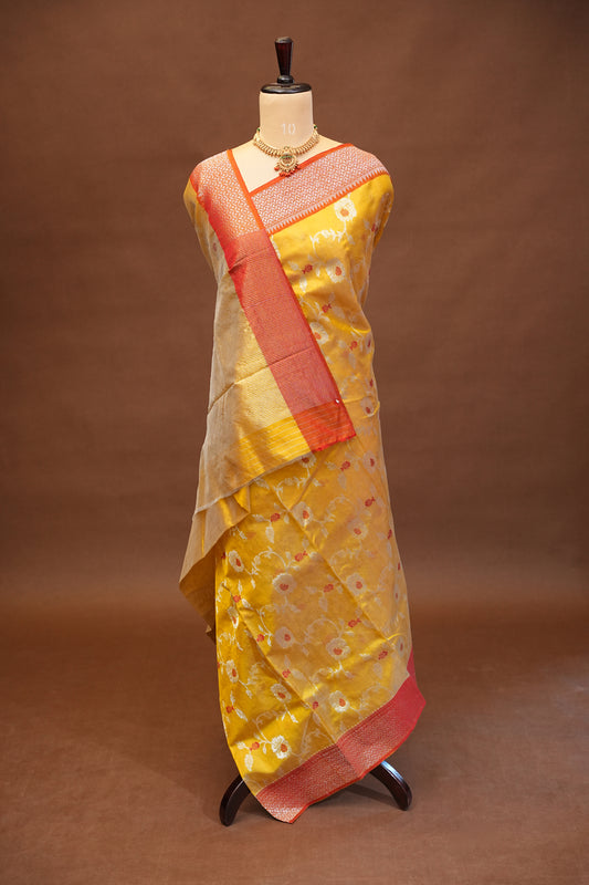 Pure Chanderi Silk Saree with Floral Zari Motifs & Tissue Border - Mustard Yellow