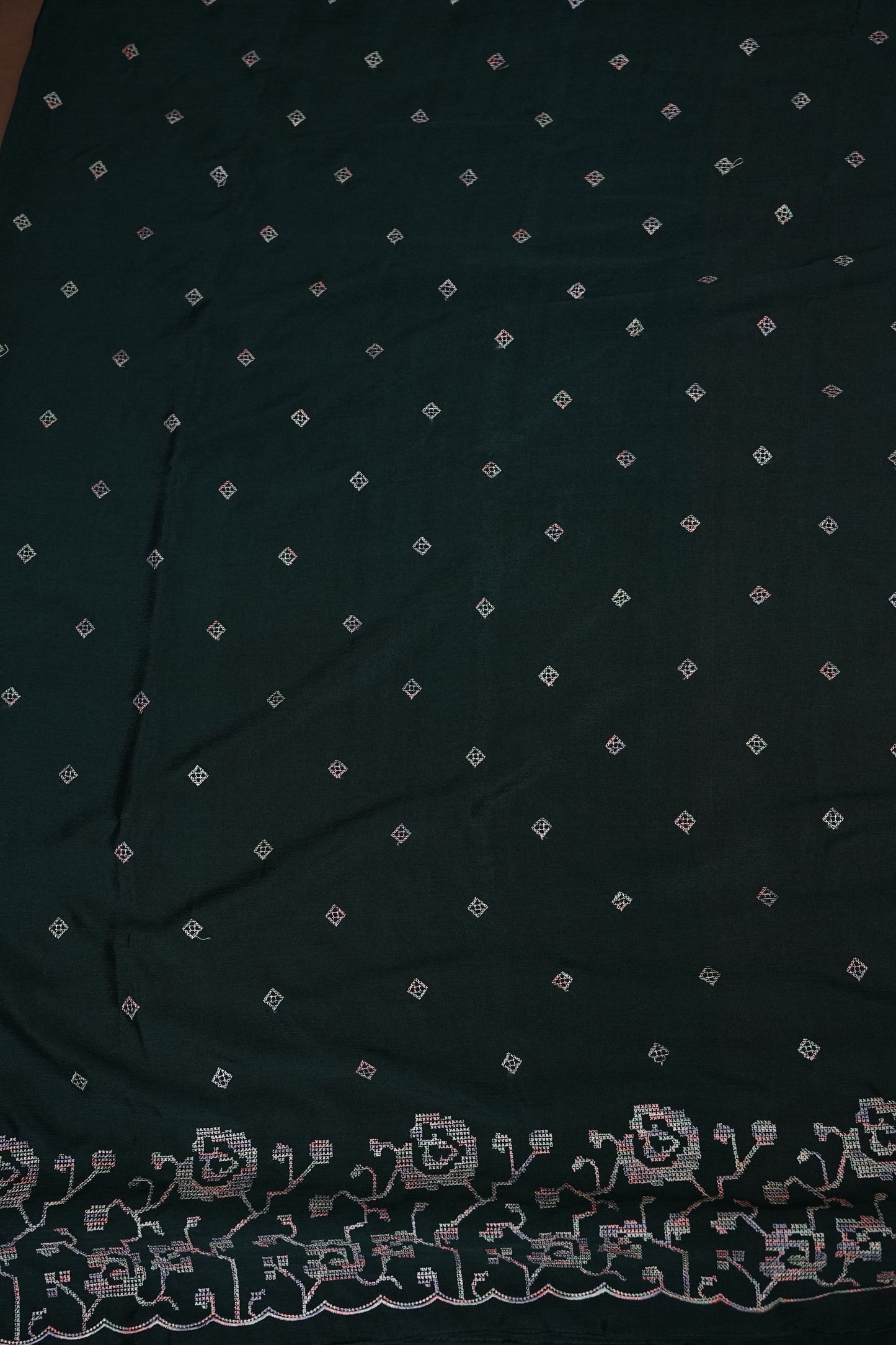 Dark Bottle Green Turkey Chiffon Saree with Woven Floral Border