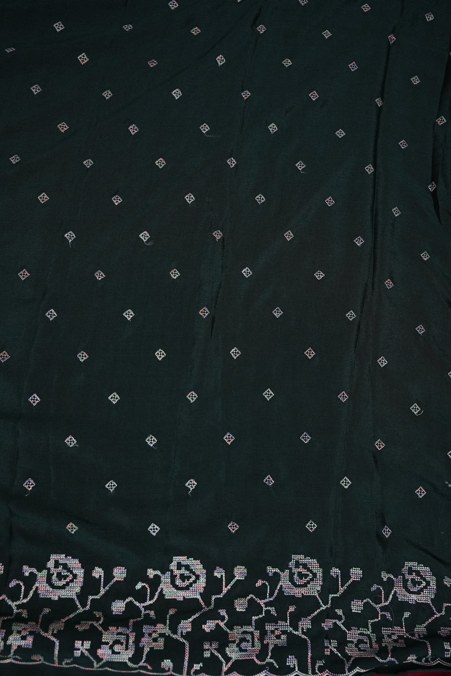 Dark Bottle Green Turkey Chiffon Saree with Woven Floral Border