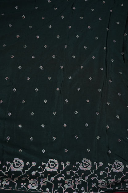 Dark Bottle Green Turkey Chiffon Saree with Woven Floral Border