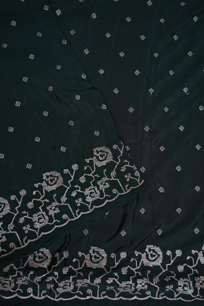 Dark Bottle Green Turkey Chiffon Saree with Woven Floral Border