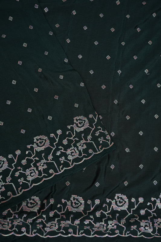 Dark Bottle Green Turkey Chiffon Saree with Woven Floral Border