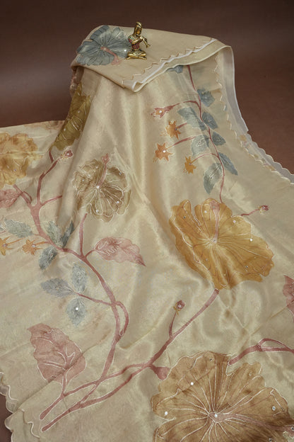 Ivory Champagne Glass Tissue Organza Designer Party Wear Saree