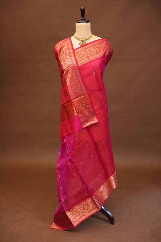 Pure Chanderi Silk Saree with Zari Buttas & Rich Tissue Border - Rani Pink