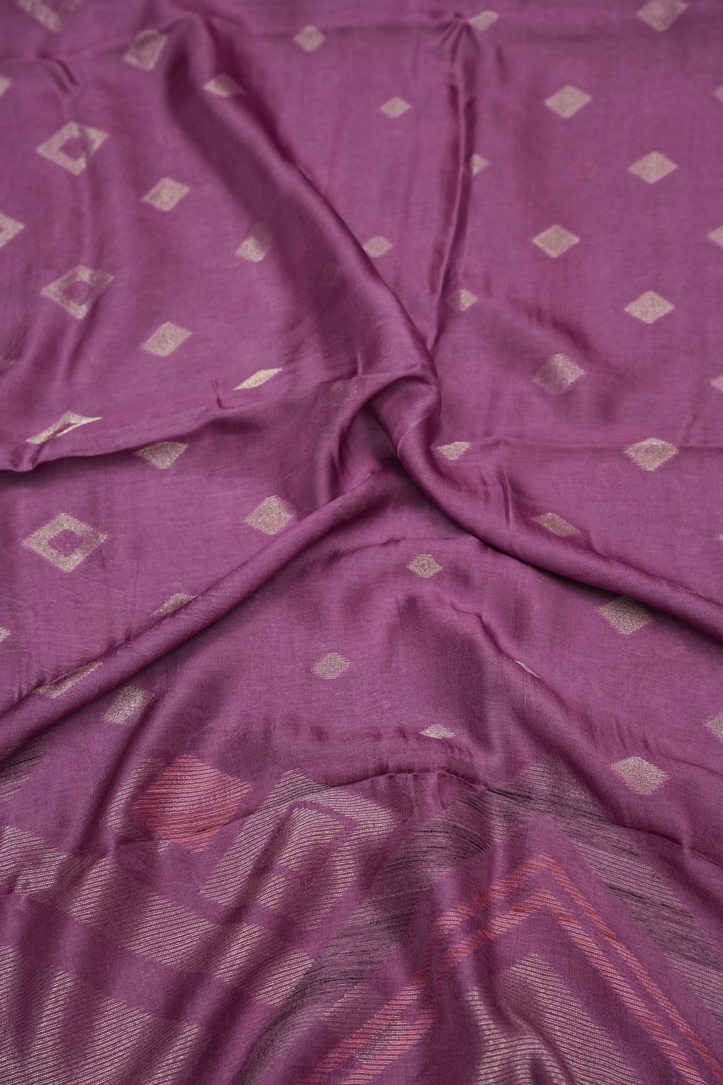 Tussar Banarasi Raw Silk Saree with Geometric Silver Weaving – Onion Pink