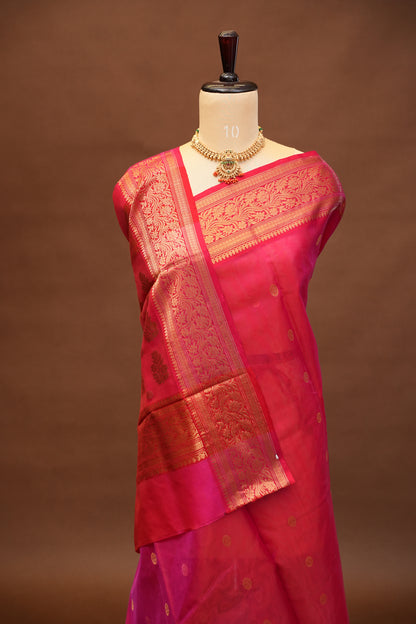 Pure Chanderi Silk Saree with Zari Buttas & Rich Tissue Border - Rani Pink