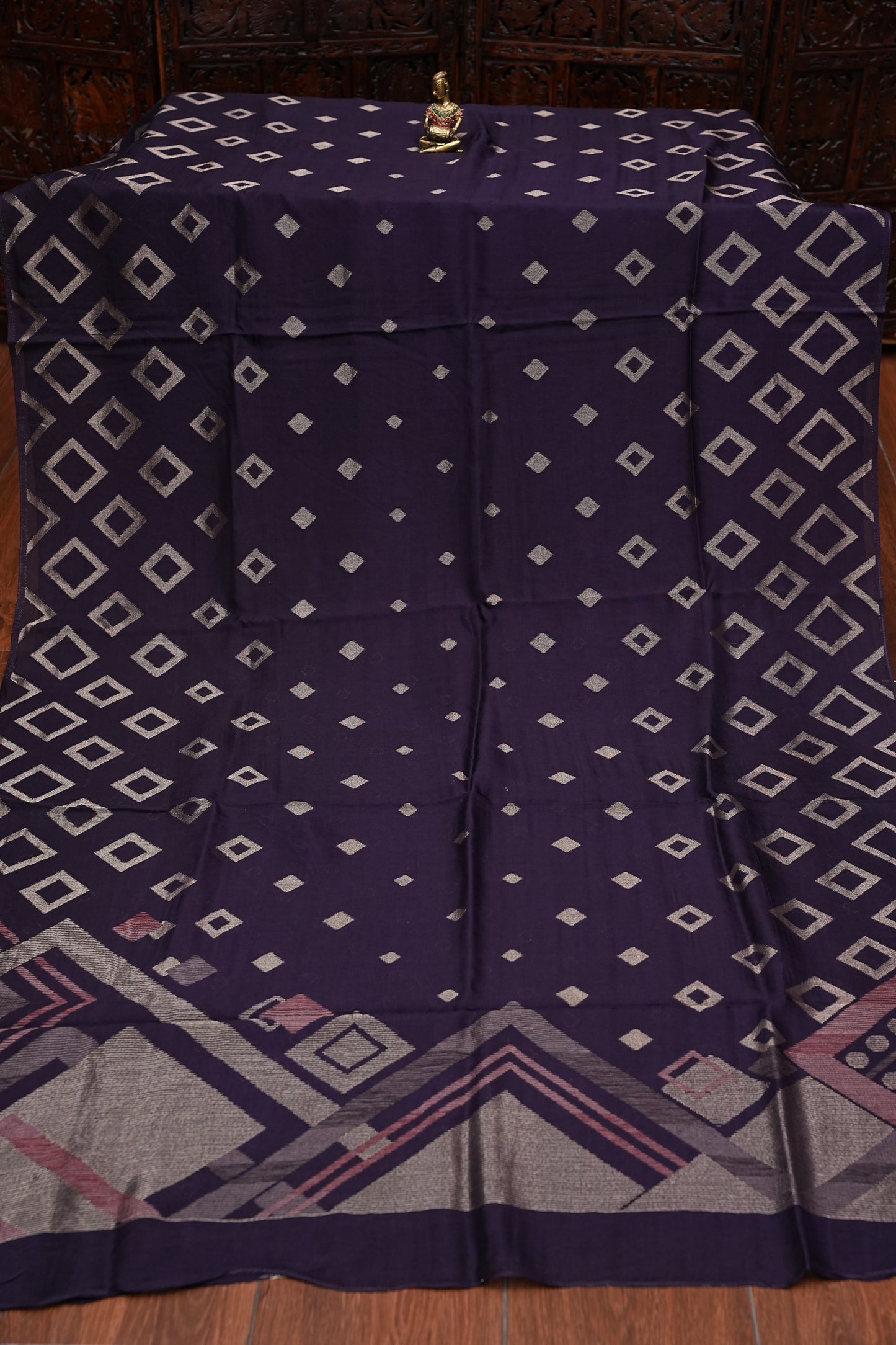 Tussar Banarasi Raw Silk Saree with Geometric Silver Weaving – Deep Purple