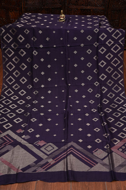 Tussar Banarasi Raw Silk Saree with Geometric Silver Weaving – Deep Purple