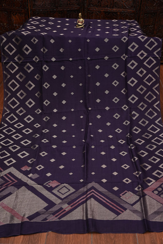 Tussar Banarasi Raw Silk Saree with Geometric Silver Weaving – Deep Purple