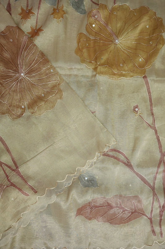 Ivory Champagne Glass Tissue Organza Designer Party Wear Saree