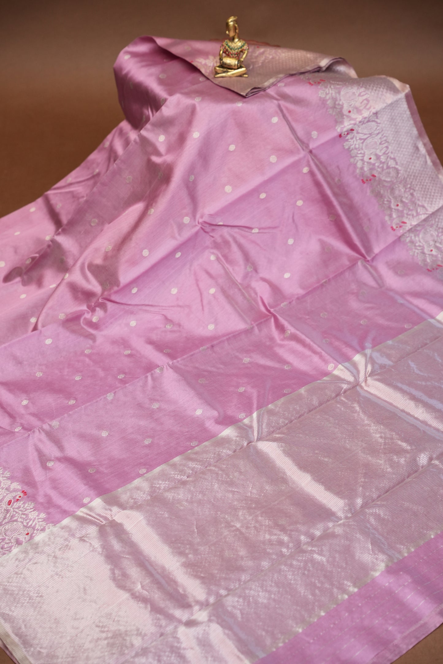 Pure Chanderi Silk Saree with Zari Buttas & Tissue Border - Soft Pink