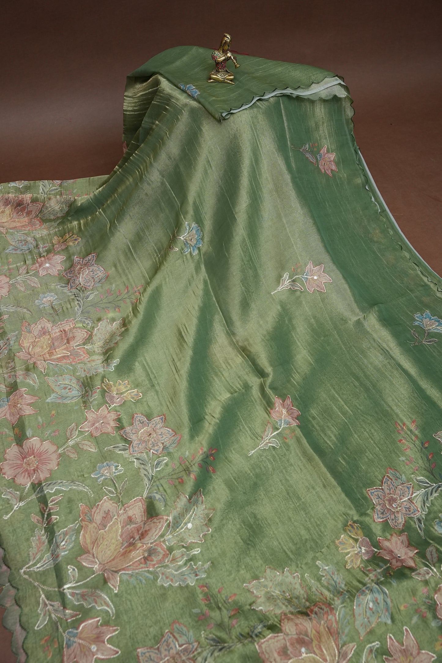 Sage Green Glass Tissue Organza Designer Party Wear Saree