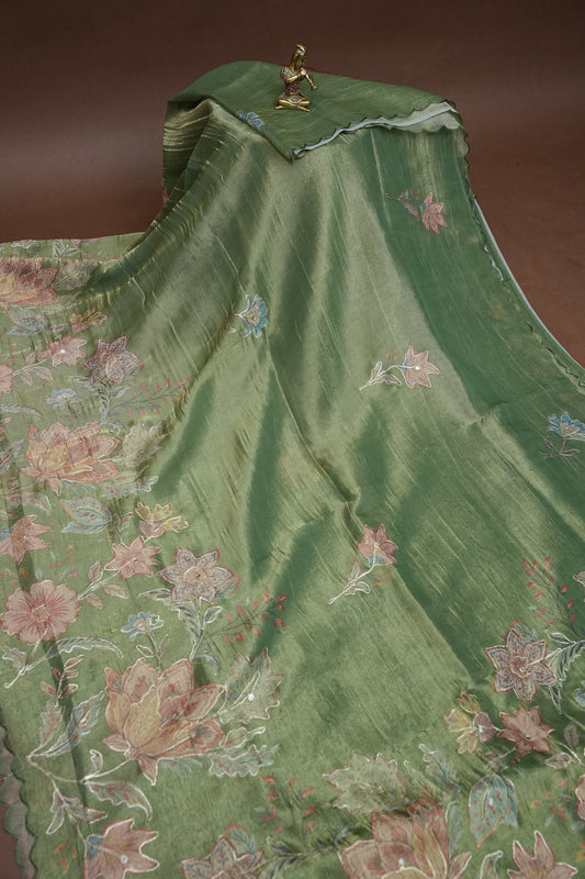 Sage Green Glass Tissue Organza Designer Party Wear Saree