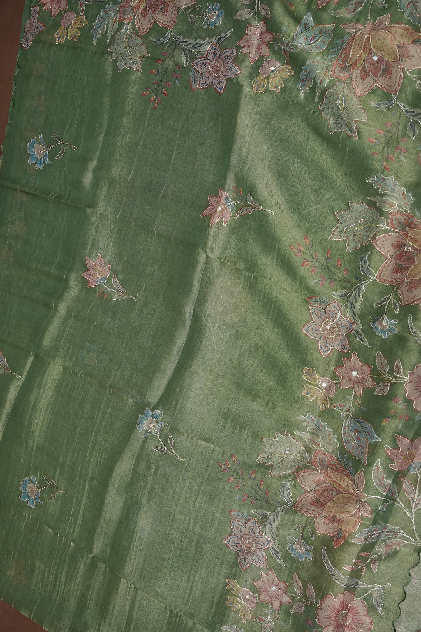 Sage Green Glass Tissue Organza Designer Party Wear Saree