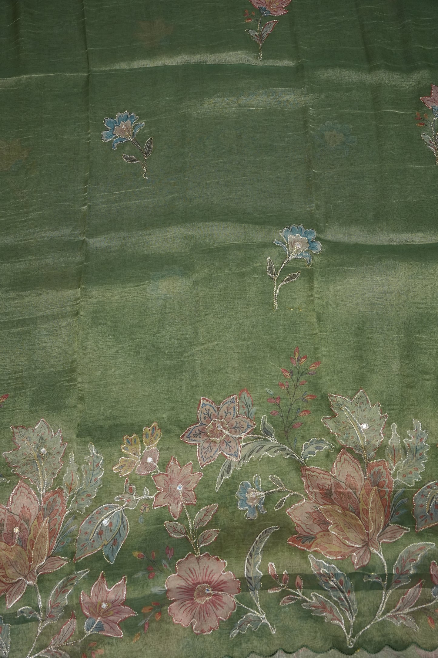 Sage Green Glass Tissue Organza Designer Party Wear Saree