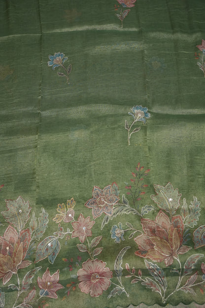 Sage Green Glass Tissue Organza Designer Party Wear Saree