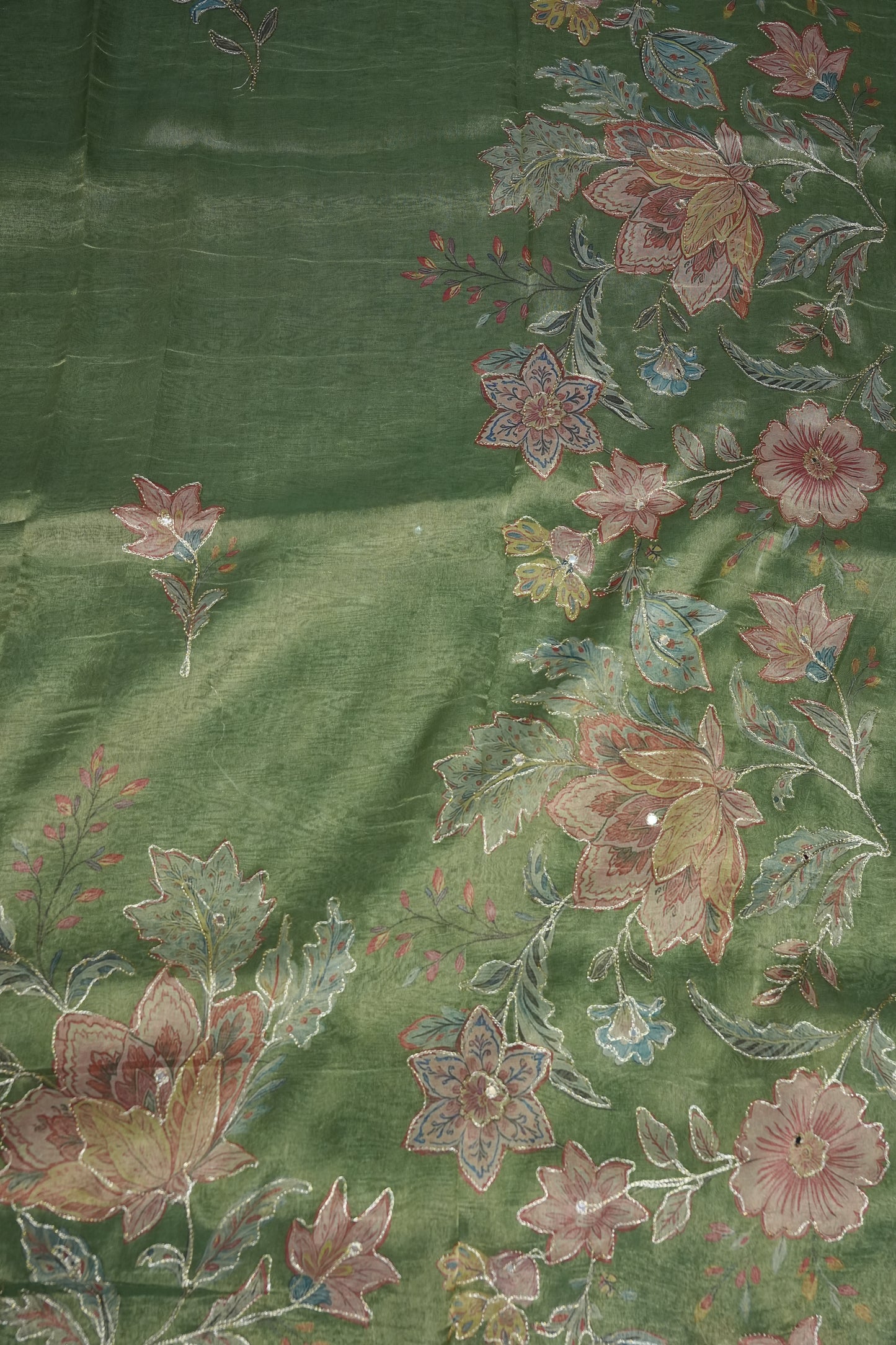 Sage Green Glass Tissue Organza Designer Party Wear Saree