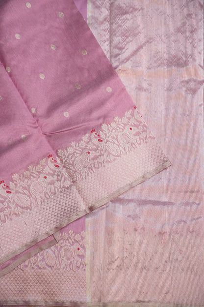 Pure Chanderi Silk Saree with Zari Buttas & Tissue Border - Soft Pink