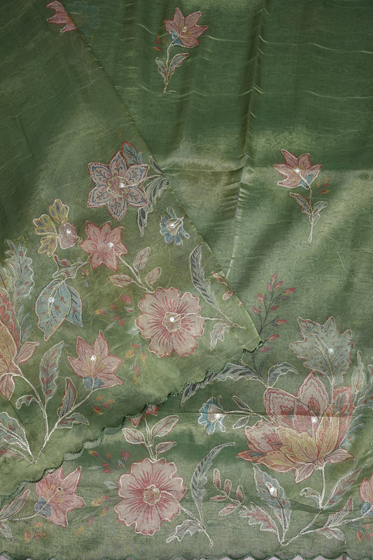Sage Green Glass Tissue Organza Designer Party Wear Saree
