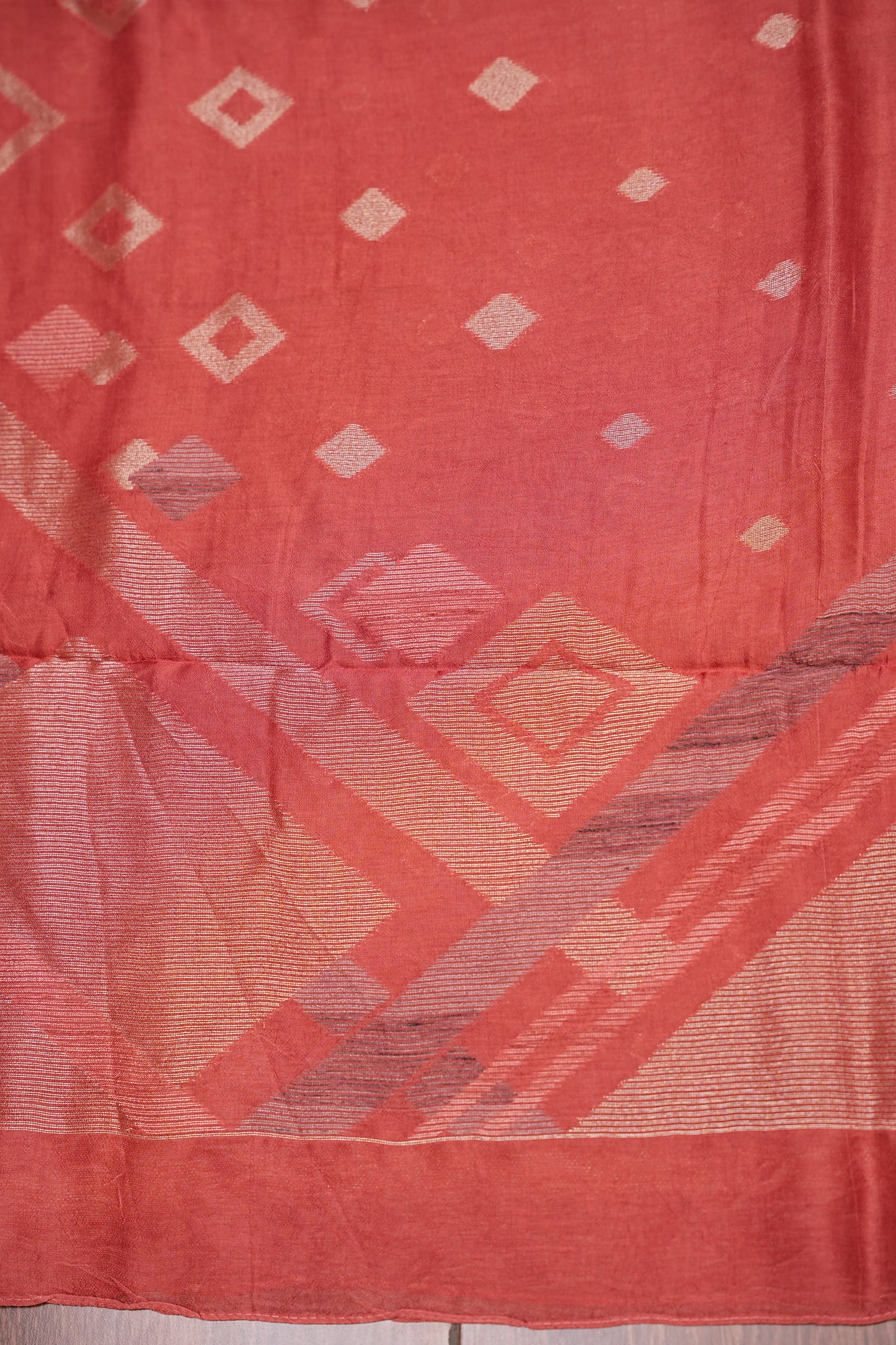 Tussar Banarasi Raw Silk Saree with Geometric Silver Weaving – Light Orange