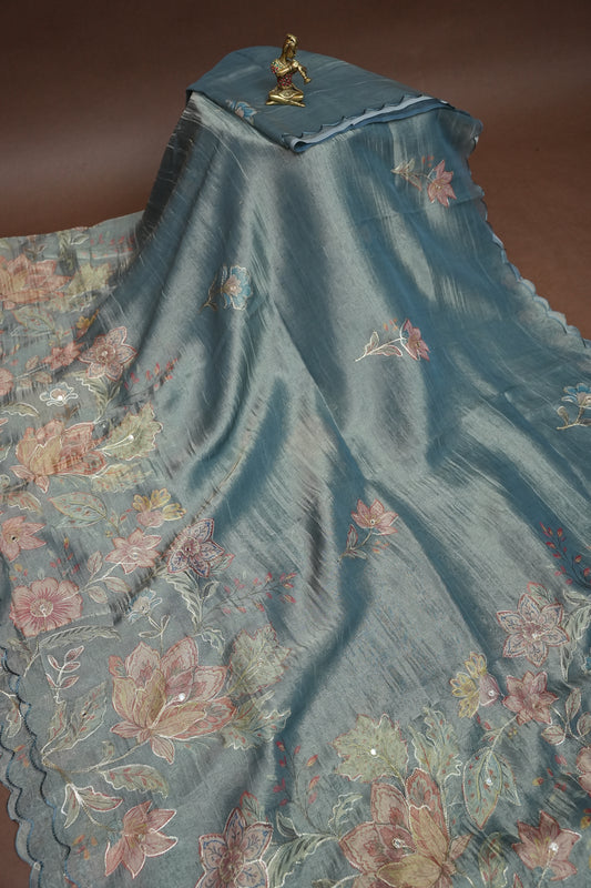 Glass Tissue Organza Designer Party Wear Saree with Digital Floral Prints -Dusty Blue Grey