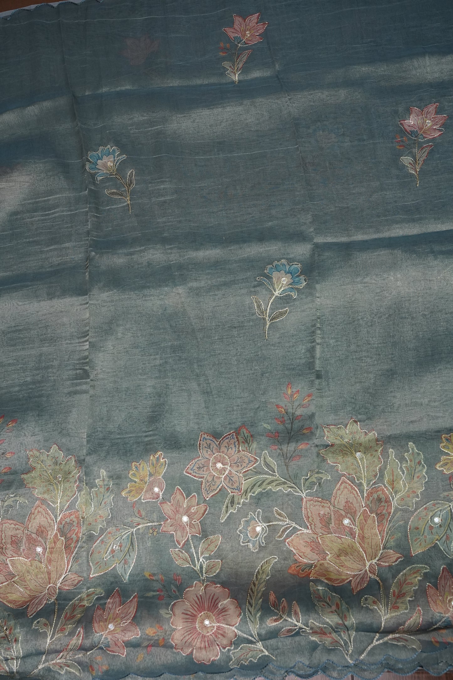 Glass Tissue Organza Designer Party Wear Saree with Digital Floral Prints -Dusty Blue Grey