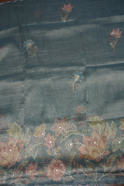 Glass Tissue Organza Designer Party Wear Saree with Digital Floral Prints -Dusty Blue Grey