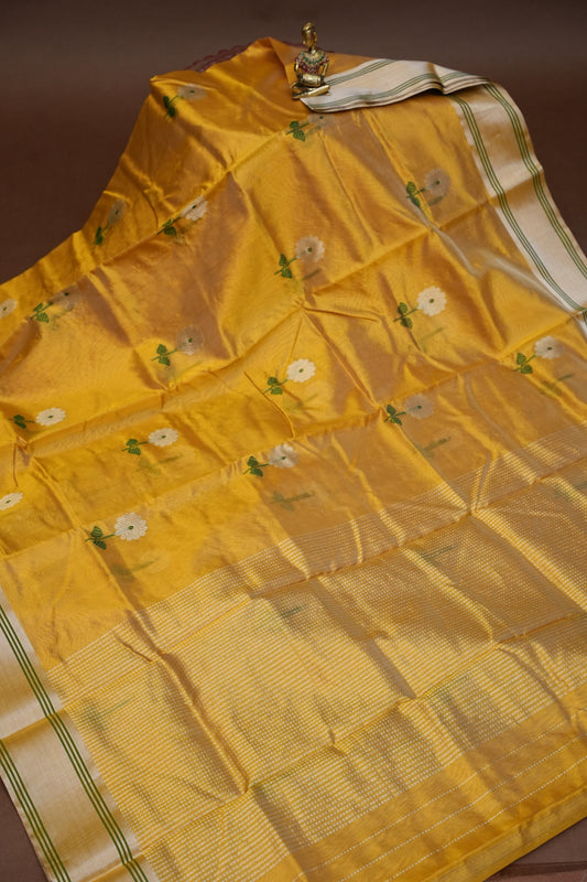 Pure Chanderi Silk Saree with Zari Buttas & Tissue Border - Mustard Yellow