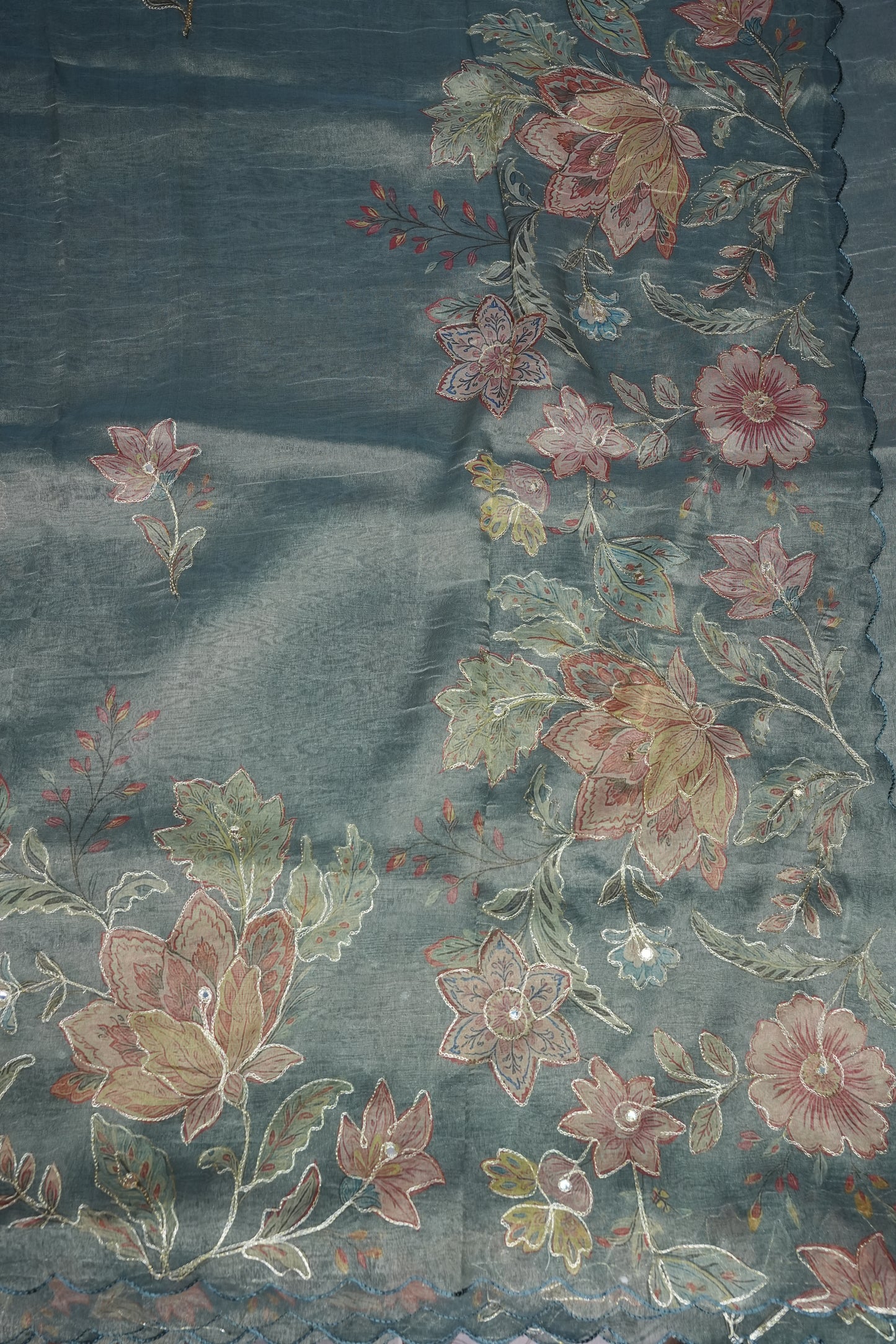 Glass Tissue Organza Designer Party Wear Saree with Digital Floral Prints -Dusty Blue Grey
