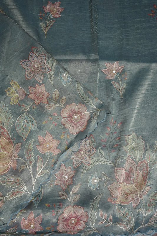 Glass Tissue Organza Designer Party Wear Saree with Digital Floral Prints -Dusty Blue Grey