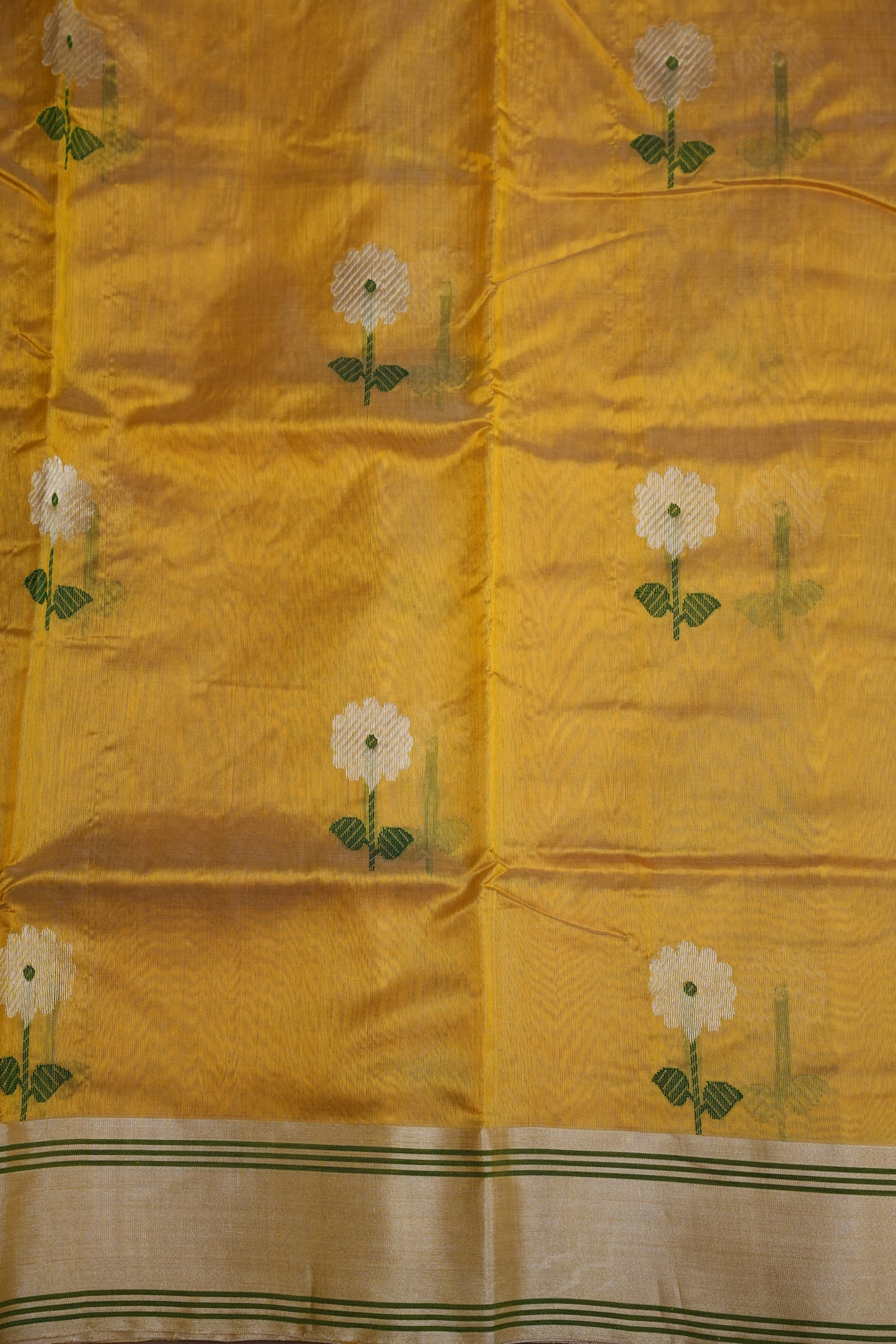 Pure Chanderi Silk Saree with Zari Buttas & Tissue Border - Mustard Yellow