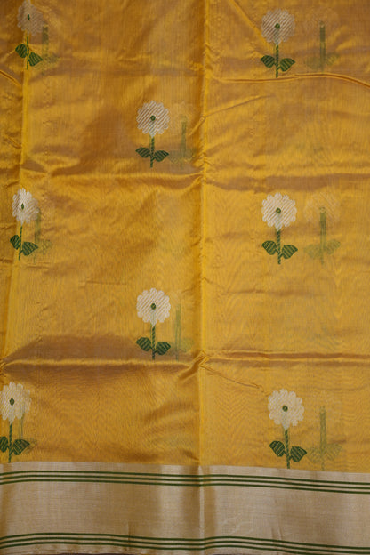 Pure Chanderi Silk Saree with Zari Buttas & Tissue Border - Mustard Yellow