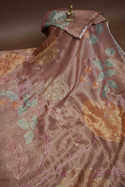Dusty Rose Glass Tissue Organza Designer Party Wear Saree