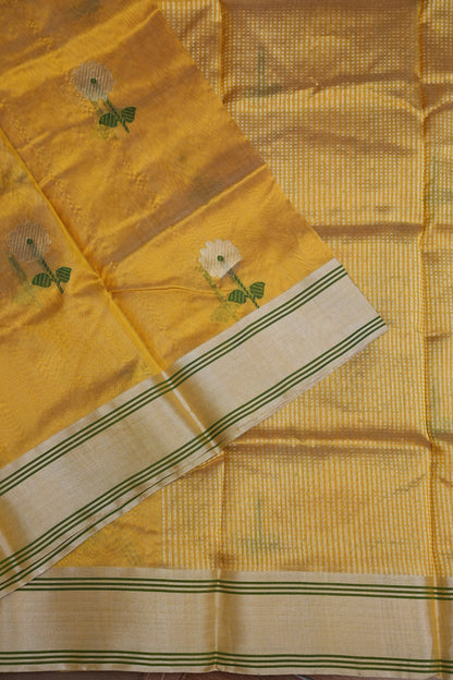 Pure Chanderi Silk Saree with Zari Buttas & Tissue Border - Mustard Yellow