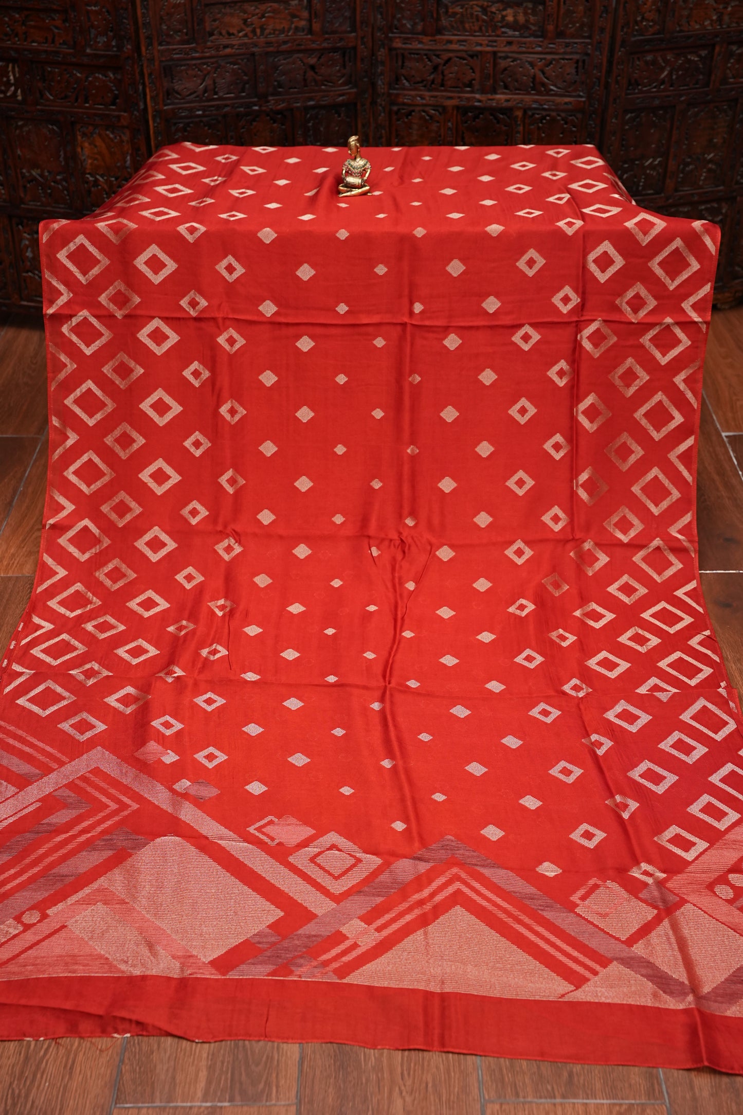 Tussar Banarasi Raw Silk Saree with Geometric Silver Weaving – Rust Orange