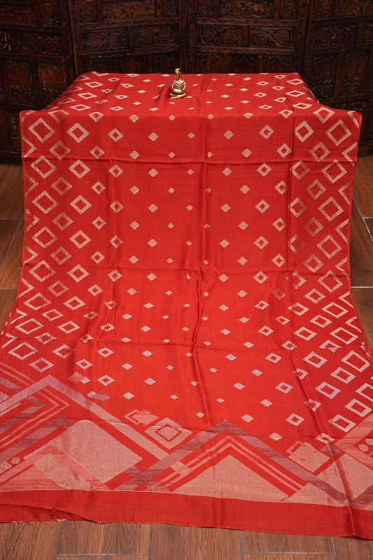 Tussar Banarasi Raw Silk Saree with Geometric Silver Weaving – Rust Orange