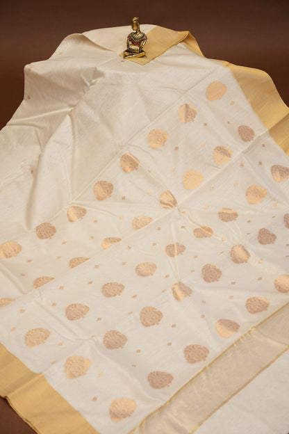 Pure Chanderi Silk Saree with Zari Buttas & Tissue Border - White