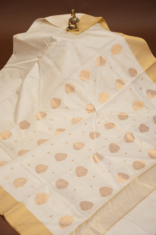 Pure Chanderi Silk Saree with Zari Buttas & Tissue Border - White