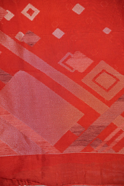 Tussar Banarasi Raw Silk Saree with Geometric Silver Weaving – Rust Orange