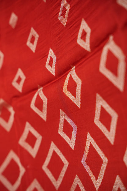 Tussar Banarasi Raw Silk Saree with Geometric Silver Weaving – Rust Orange