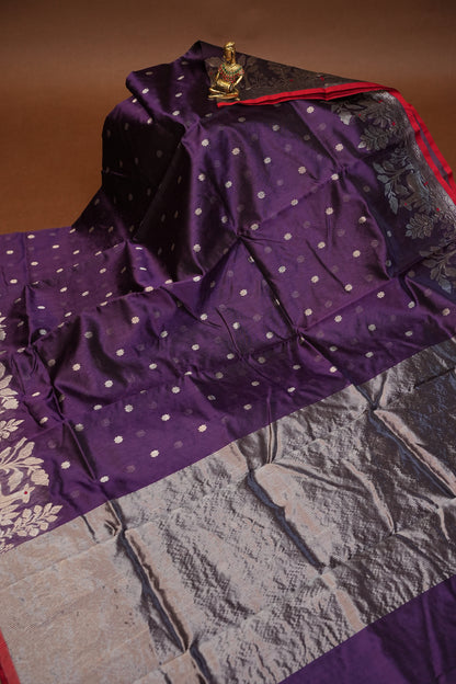 Pure Chanderi Silk Saree with Zari Buttas & Tissue Border - Royal Purple