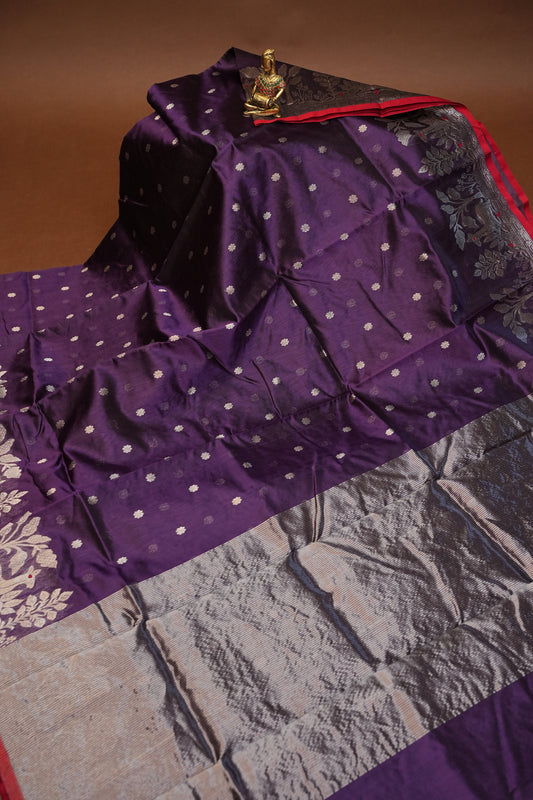 Pure Chanderi Silk Saree with Zari Buttas & Tissue Border - Royal Purple